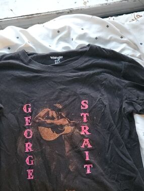 Wrangler Black Tee with Pink Text and Faded Tan Guitar Graphic George Strait